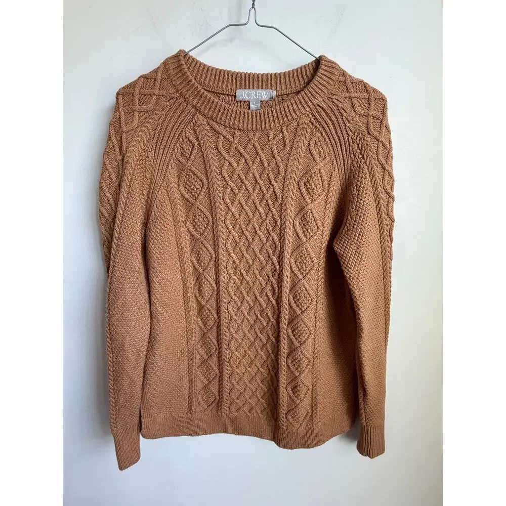 J. Crew Cotton Long Sleeve Crew Neck Cable-Knit Pullover Sweater Brown Womens S